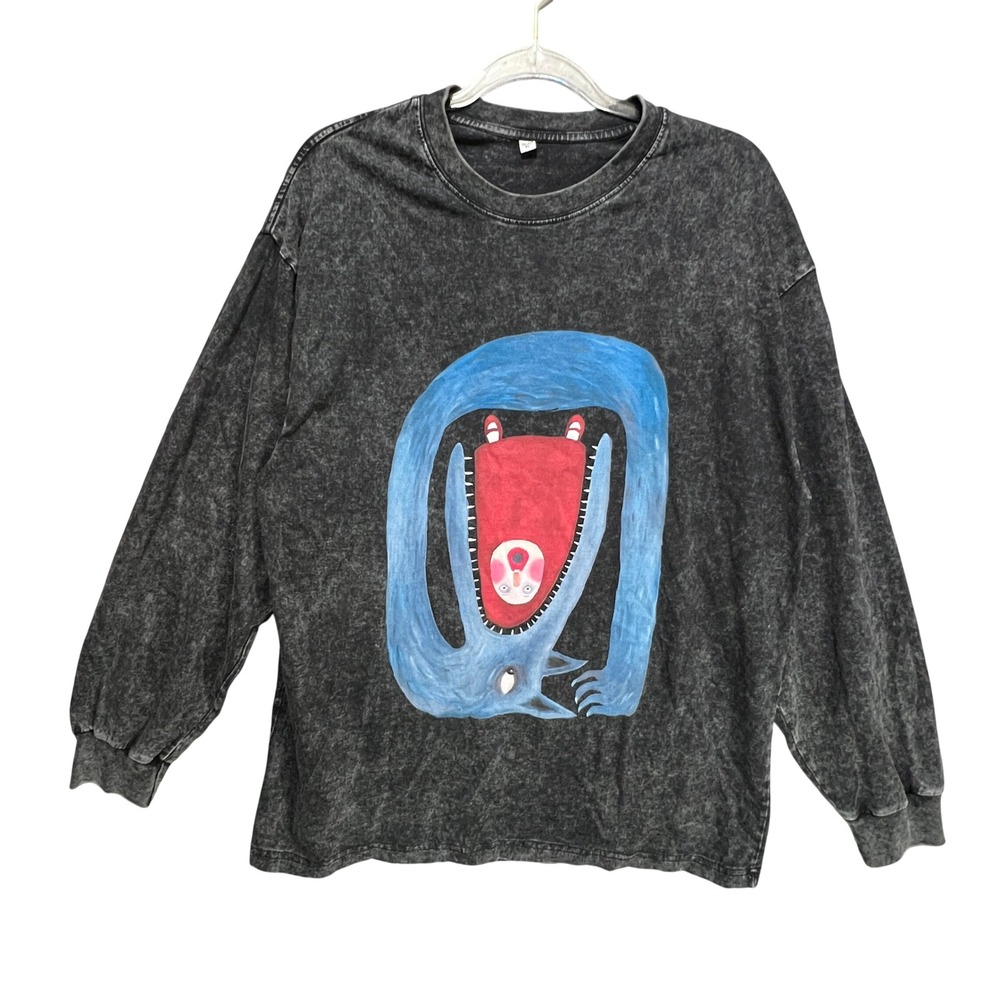 Wolfs Good Appetite Long Sleeve Graphic T-Shirt XL Acid Wash Street Wearable Art